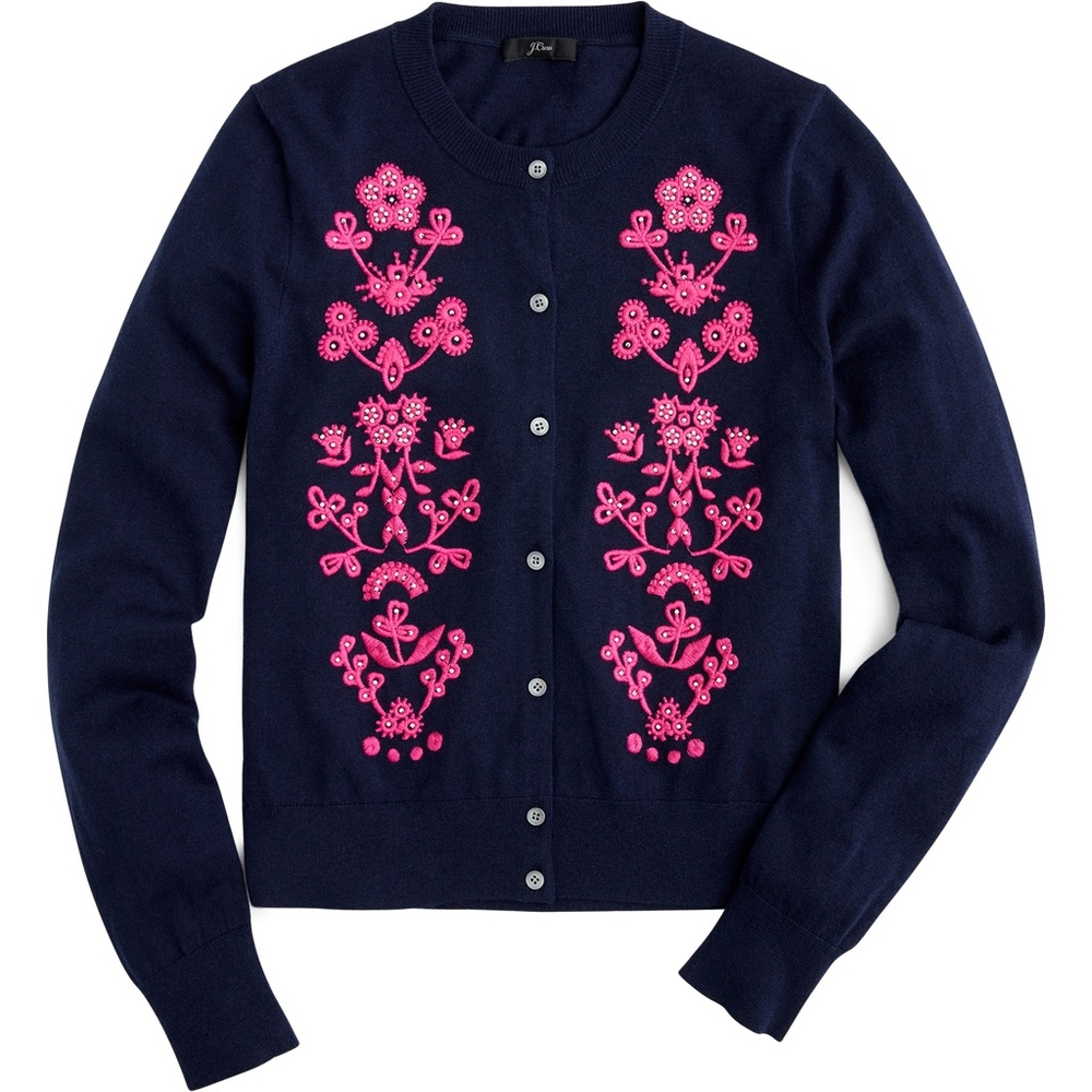 J. Crew Navy Cardigan with Pink Embroidered Floral Front